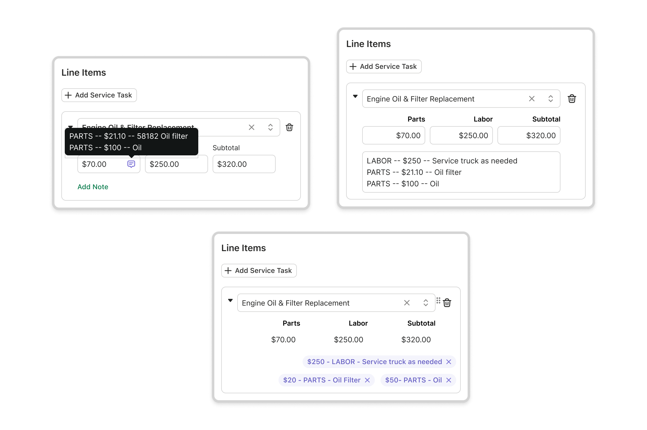 Three iterations of the line item cost breakdown UI, showing the evolution from tooltip-based cost sourcing to an always-visible notes area to the final pill-based extracted line item approach.