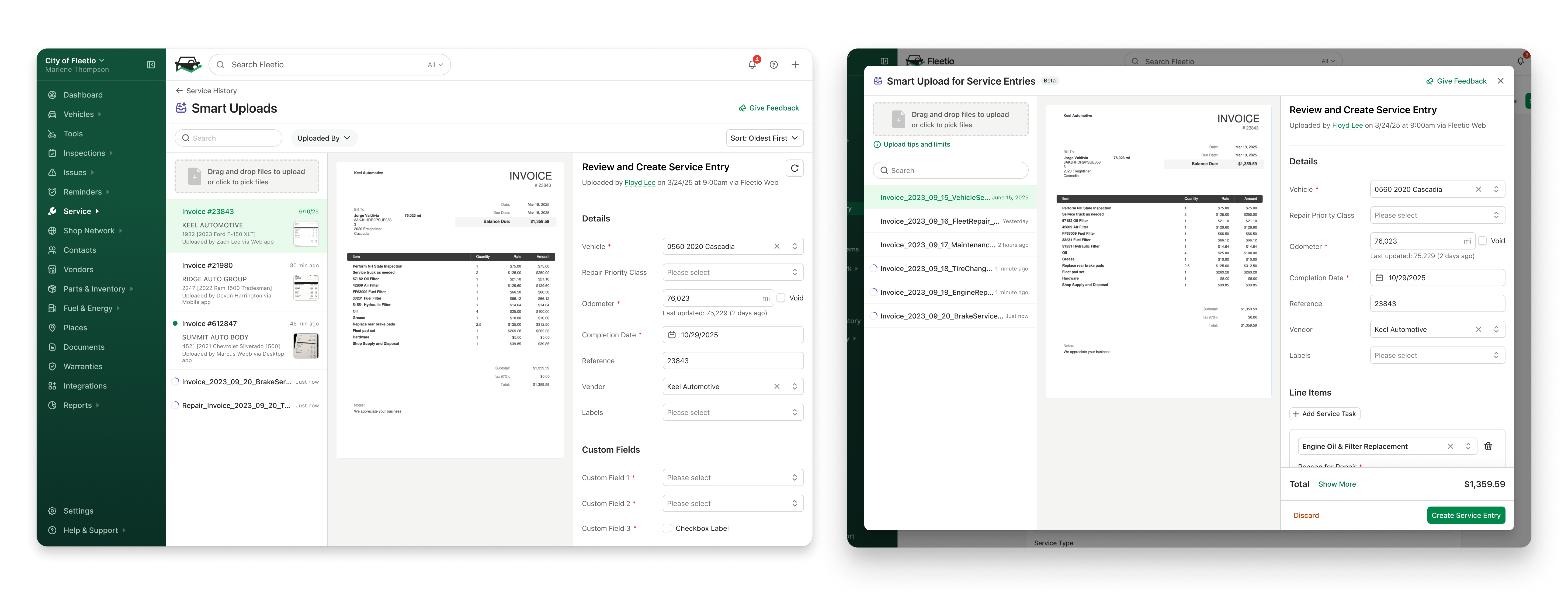 Side-by-side comparison showing early Smart Upload queue explorations, from a more robust index-like view to the lighter modal queue with file names, processing indicators, ready-to-review states, search, sort, and upload controls.