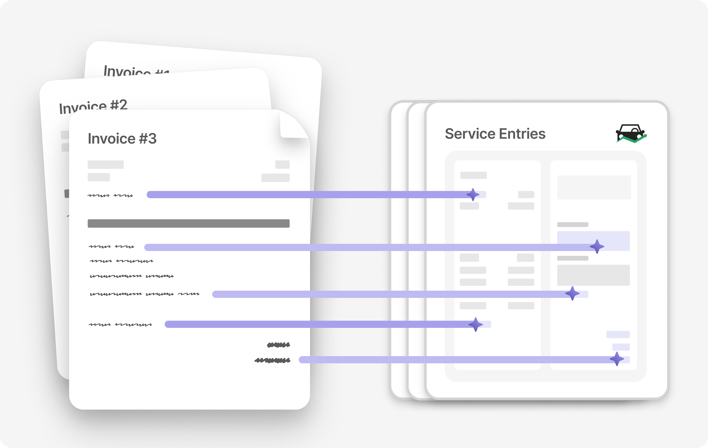 A composite showcase of Smart Upload for Service Entries in Fleetio, showing an uploaded invoice beside the review panel, extracted service entry details, line item cost breakdowns, a queue of uploads ready for review, and processing states for multiple files.