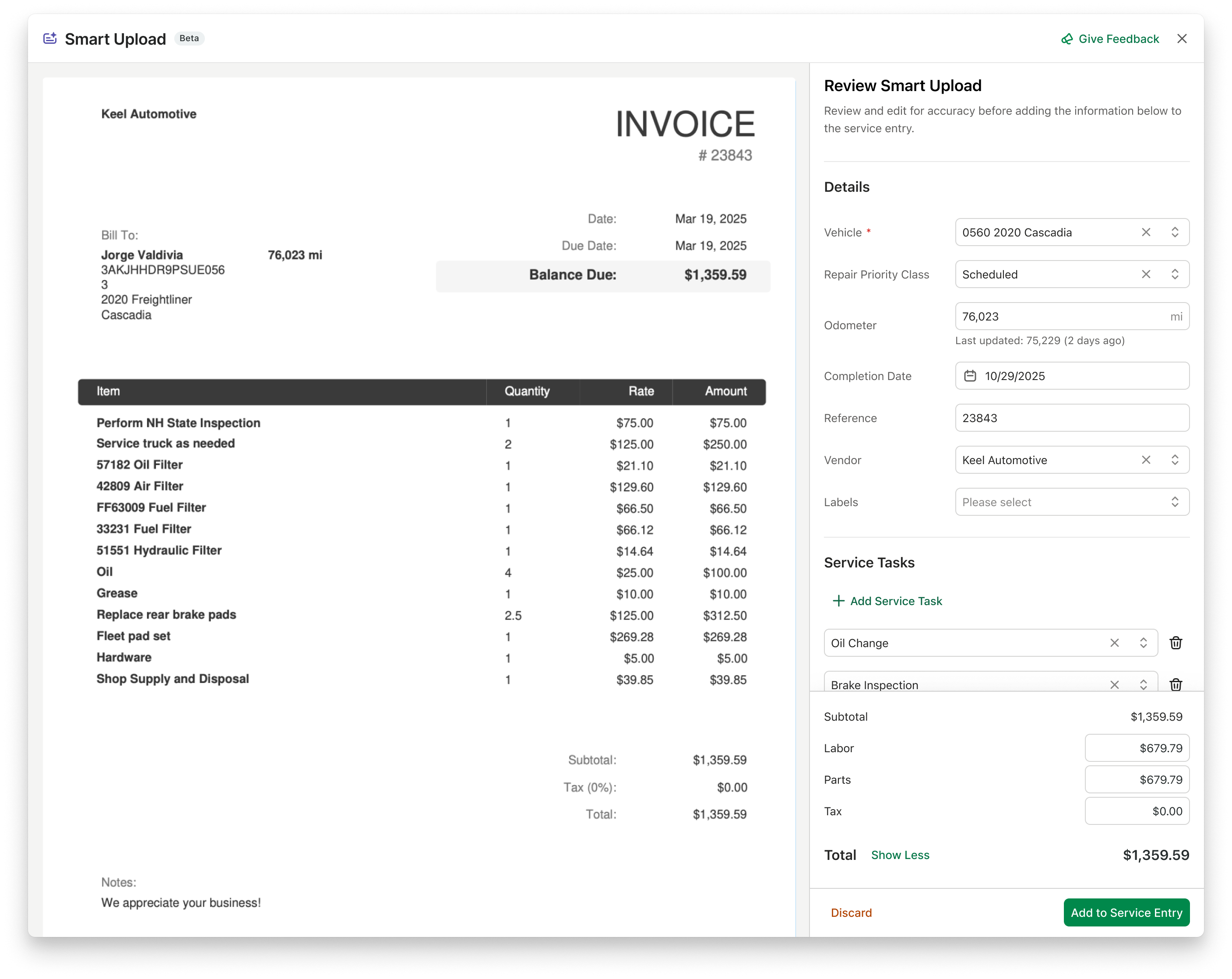Screenshot of an early Smart Upload review modal showing an invoice preview on the left and extracted service entry fields on the right, including vehicle, vendor, completion date, reference number, meter value, and service task information.