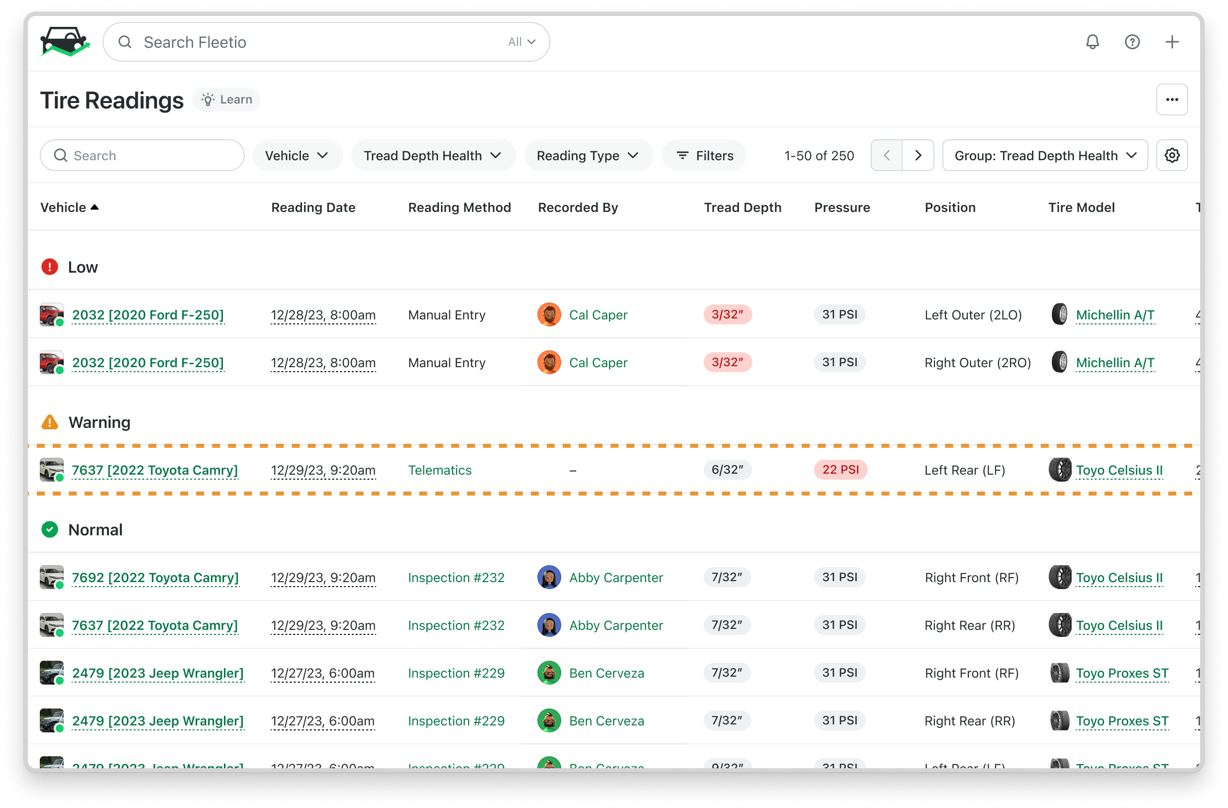 Screenshot of the Tire Readings list view in Fleetio showing a mix of reading sources: manual entries from inspections, manual entries by individual users, and automated entries pulled directly from Telematics, all grouped by tread depth health status (Low, Warning, Normal)