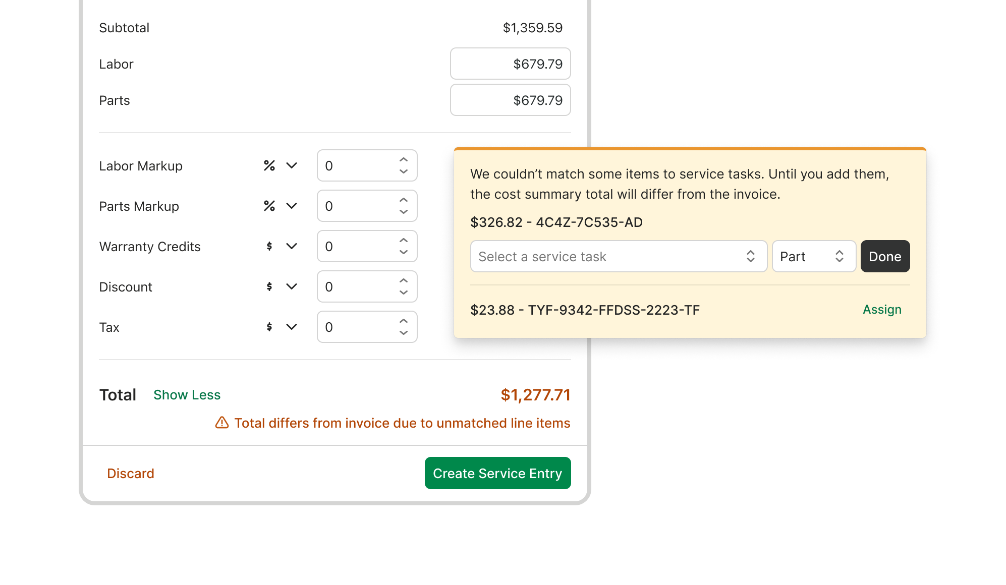 Screenshot of the Smart Upload review panel showing an amber warning callout for unmatched invoice line items, an orange-colored total in the footer indicating a mismatch, and a Create Service Entry button that remains enabled so the user can still proceed while being clearly informed of the discrepancy.